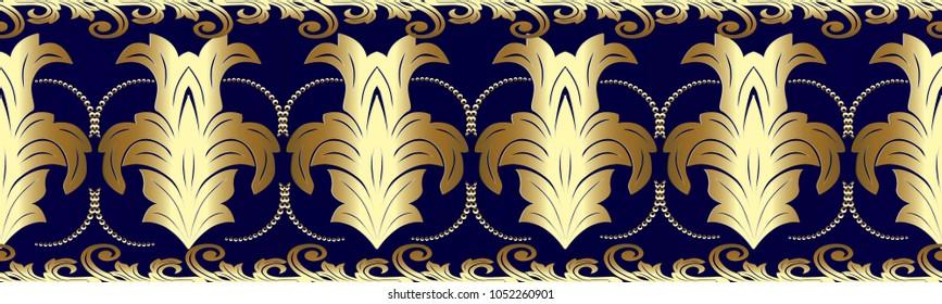 Baroque border. Vintage gold 3d seamless pattern. Vector abstract background. Floral wallpaper. Antique damask ornament in baroque style with golden flowers, scroll leaves, dots, dotted lines, shadows