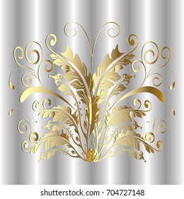 Baroque butterfly pattern. Floral damask silver drapery background  with 3d gold butterfly, flowers, scroll leaves and antique abstract ornaments in Baroque victorian style. Vector luxury  texture