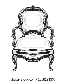 Baroque chair Vector. Royal style decotations. Victorian ornaments engraved. Imperial furniture decor illustrations line arts
