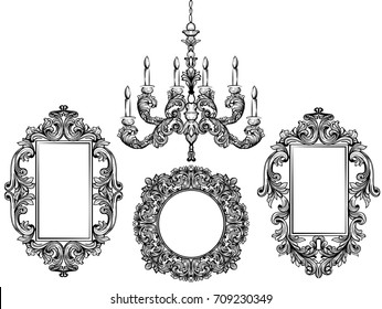 Baroque Chandelier And Mirror Frames. Detailed Rich Ornament Vector Illustration Graphic Line Art