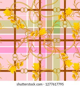 Baroque check seamless pattern with chains, belts and roses. Vector patch for fabric, scarf.