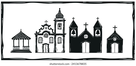 Baroque church, chapel and typical interior of Brazil. Woodcut vector, in Brazilian cordel style