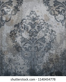 Vector de adornos de damasco clásico barroco. Fondo de tela real. Decoración de lujo en tonos grises