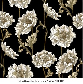 Baroque classic pattern with gold swirls and leaves and graphic with peony bouquet