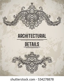 Baroque classic style border. Antique cartouche. Vintage architectural details design elements on grunge background. Hand drawn vector illustration