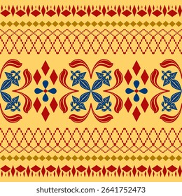 Baroque and Classical Floral Motif Shine and Elegance Red Blue Gold on Yellow Background. Delicate Harmony Geometric Border Pattern for Wealth Opulence Decoration Style Apparel Embroidery Royal Design
