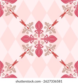 Baroque Classical Timeless Scroll Ornament with Argyle Diamond Geometric Background. Lovely Romance Pattern Royal Gold Pink Floral Element Seamless Pattern Luxury for Decor Embroidery Textiles Wedding