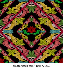 Baroque colorful floral embroidery seamless pattern. Vector grunge texture.  tapestry vintage bright flowers baroque pattern with rhombus, frames, stripes and abstract geometric embroidered ornament  