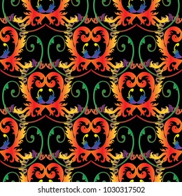 Baroque colorful seamless pattern. Vector antique background. Vintage damask ornaments. Multicolor line art traceru ornaments in baroque style. Luxury design for wallpaper, fabric, prints, textile