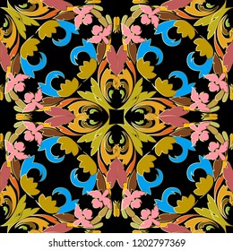 Baroque colorful vector seamless pattern. Ornate bright ornamental floral background. Vintage multicolor elegance flowers, scroll leaves. Damask ornament in baroque Victorian style. Wallpaper. Fabric.