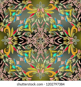 Baroque colorful vector seamless pattern. Ornate bright ornamental floral background. Vintage multicolor elegance flowers, scroll leaves. Damask ornament in baroque Victorian style. Wallpaper. Textile