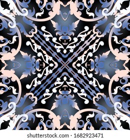 Baroque colorful vector seamless pattern. Glowing floral background. Damask flowers, branches, leaves, frames. Vintage beautiful old style ornament. Symmetrical modern design. Repeat ornate backdrop.