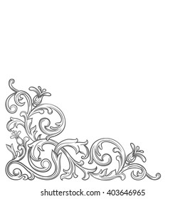 Baroque corner.  Retro scroll acanthus foliage swirl ornament  border. Decorative corner retro design element. Vintage corner hand draw vector.