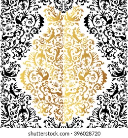Baroque curly elements on pure background. Original illustration with flowers, birds and decorative elements. Hand drawn theme with oriental motives. Good for background, fabric, paper design.
