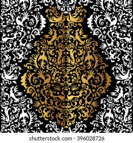 Baroque curly elements on pure background. Original illustration with flowers, birds and decorative elements. Hand drawn theme with oriental motives. Good for background, fabric, paper design.
