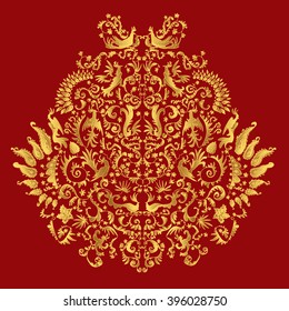 Baroque curly elements on pure background. Original illustration with flowers, birds and decorative elements. Hand drawn theme with oriental motives. Good for background, fabric, paper design.
