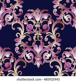 Baroque damask antique dark blue floral vector seamless pattern background wallpaper illustration with vintage decorative baroque pink medieval 3d  leaves ornaments with shadow and highlight 