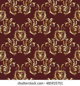 Baroque damask antique dark red floral vector seamless pattern background wallpaper illustration with vintage decorative baroque medieval gold 3d flowers  leaves ornaments with shadow and highlight 