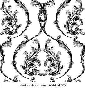 Baroque damask with classic branch with leaves black and white