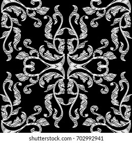 Baroque damask embroidery seamless pattern. Black vector background wallpaper illustration with white vintage grunge flowers, scroll swirl tapestry leaves and arras antique ornaments.