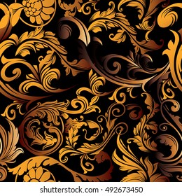 Baroque damask floral black vector seamless pattern background wallpaper illustration with gold  vintage antique medieval 3d baroque damask flowers, ornaments.Baroque wallpaper.Damask seamless pattern