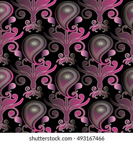 Baroque damask floral black vector seamless pattern background wallpaper illustration with antique medieval  vintage 3d pink paisley flowers and ornaments.