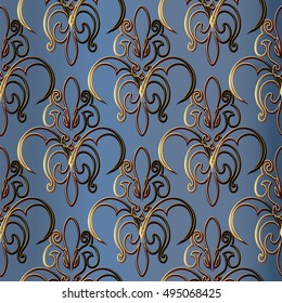Baroque damask floral blue vector seamless pattern background wallpaper illustration with vintage antique gold 3d flowers and ornaments.