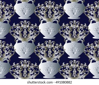 Baroque damask floral dark blue vector seamless pattern background wallpaper illustration with vintage decorative medieval gold 3d flowers ornaments in white antique vase.Baroque flowers in vase.