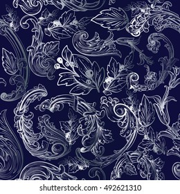Baroque damask floral dark blue vector seamless pattern background wallpaper illustration with vintage  antique medieval art line baroque flowers and ornaments.
