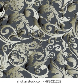 Baroque damask floral vector seamless pattern background wallpaper illustration with vintage  antique medieval flowers and ornaments.