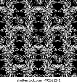 Baroque damask floral vector seamless pattern background wallpaper illustration with vintage  antique medieval flowers and ornaments.