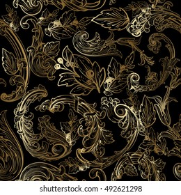 Baroque damask floral vector seamless pattern background wallpaper illustration with vintage  antique medieval flowers and ornaments.