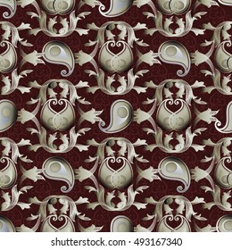 Baroque damask floral vector seamless pattern background wallpaper illustration with antique medieval vintage beige 3d paisley flowers and ornaments.