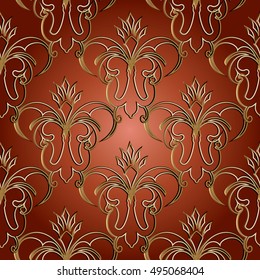 Baroque damask floral vector seamless pattern background wallpaper illustration with vintage antique gold 3d flowers and ornaments.