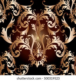 Baroque damask floral vector seamless pattern wallpaper illustration with vintage antique decorative gold 3d baroque damask flowers leaves ornaments.Baroque wallpaper.Baroque seamless ornament