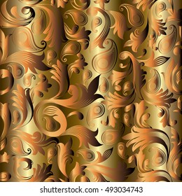 Baroque damask gold vector seamless pattern background wallpaper illustration with antique medieval decorative 3d paisley flowers and ornaments