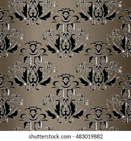 Baroque damask luxury floral vector seamless pattern wallpaper illustration with vintage stylish decorative baroque 3d flowers leaves ornaments with shadow and highlight on the gold background