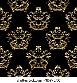 Baroque damask medieval floral vector seamless pattern wallpaper illustration with vintage antique decorative baroque gold 3d flowers leaves ornaments with shadow,highlight on the black  background
