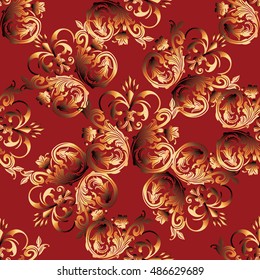 Baroque damask medieval floral vector seamless pattern background wallpaper illustration with vintage antique decorative baroque gold 3d flowers leaves ornaments. Bright red background