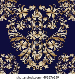 Baroque damask medieval floral vector seamless pattern wallpaper illustration with vintage antique decorative baroque gold 3d flowers leaves ornaments.Royal baroque damask pattern.Floral ornaments.