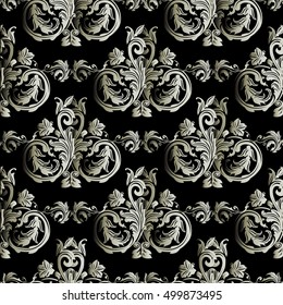 Baroque damask medieval floral vector seamless pattern wallpaper illustration with vintage antique decorative white 3d flowers leaves ornaments with shadows and highlights on the black background