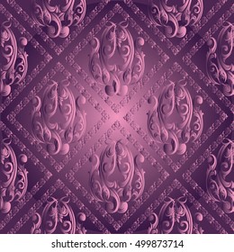 Baroque damask medieval floral vector seamless pattern wallpaper illustration with vintage antique decorative violet 3d flowers leaves ornaments with shadows and highlights on the purple background