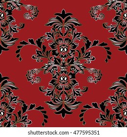 Baroque damask  royal vector seamless pattern wallpaper with elegant stylish antique black and gold ornament on the red background. Luxury endless texture.
