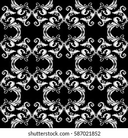  Baroque damask  seamless pattern wallpaper background illustration with antique vintage floral ornaments, scroll leaves and flowers. Elegant  vector texture for fabric, textile.