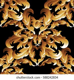 Baroque damask  seamless pattern wallpaper  illustration with antique vintage gold 3d floral ornaments, scroll leaves and flowers . Luxury vector  texture for fabric, textile. Black background.