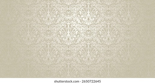 Baroque damask vector with ornamental swirls and vintage flourishes. Beige and silver tones. Includes a working seamless pattern in the swatches panel.