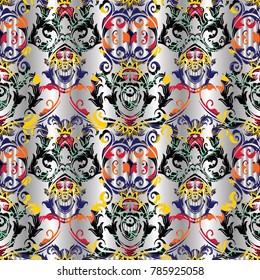 Baroque damask vector seamless pattern. Floral white background wallpaper with vintage colorful flowers, scroll leaves, swirls, curves, antique baroque ornaments. Textured ornate design for fabric