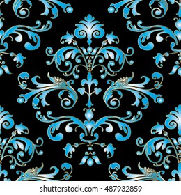 Baroque damask vintage black vector seamless pattern background wallpaper illustration.with antique floral medieval baroque light blue 3d flowers and ornaments.