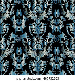 Baroque damask vintage black vector seamless pattern background wallpaper illustration.with antique floral medieval baroque light blue 3d flowers and ornaments.
