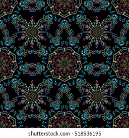Baroque damask vintage blue vector seamless pattern background. Wallpaper with antique floral medieval baroque abstract flowers and ornaments. Baroque ornament. Damask pattern in baroque style.